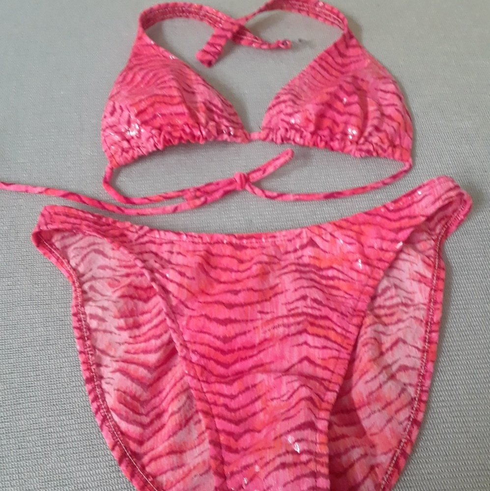 Neon Pink Sequin Zebra Print Bikini
